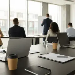 Uczestnicy szkolenia w sali konferencyjnej, gdzie omawiane są assessment center przykłady i odpowiedzi. Na stole laptopy i notatniki.