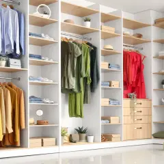 Idées pour comment aménager un placard intégré : vêtements suspendus, chaussures rangées, boîtes et accessoires organisés sur des étagères.