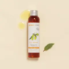 Flacon d'huile végétale de Neem bio, purifiante et protectrice pour peaux à problèmes. Découvrez les bienfaits de l'huile de neem.