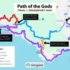 Path of the Gods map showing hiking trails and transport options between Positano and Bomerano.
