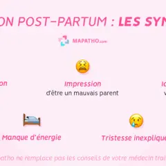 Dépression post-partum : symptômes comme l'absence de plaisir, l'impression d'être un mauvais parent, idées négatives, manque d'énergie, tristesse.