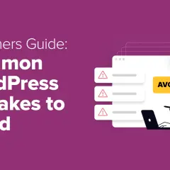 Beginners guide on how to edit a web template, focusing on common WordPress mistakes to avoid. A woman works on a laptop with a warning sign and "AVOID" bubble.