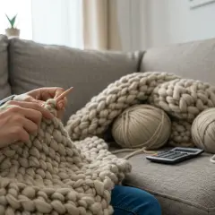 Ręce dziergają gruby kocyk. Obok leżą kłębki włóczki i kalkulator, pomocne przy szacowaniu, ile włóczki na kocyk dla niemowlaka potrzeba.
