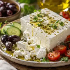Un blocco di feta, formaggio di capra, condito con erbe e olio, servito con pomodorini, olive e cetrioli.