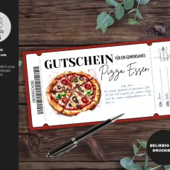 Voucher na pizzę z napisem "Gutschein für ein gemeinsames Pizza Essen". Idealny na prezent.