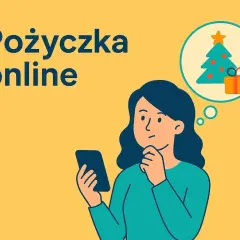 Kobieta myśli o świątecznych prezentach, przeglądając ofertę pożyczka online na telefonie.