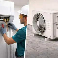 Técnico instala unidad interior de aire acondicionado. Unidad exterior con ventilador y tuberías, mostrando las medidas del compresor de aire acondicionado.