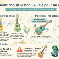 Un enfant joue d'une petite guitare hawaïenne. L'image compare différents ukulélés pour enfants, leurs matériaux et des conseils pour débuter.