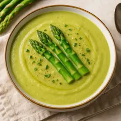 Crema di asparagi vellutata, perfetta come condimento per la pasta. Tre asparagi freschi decorano la ciotola.