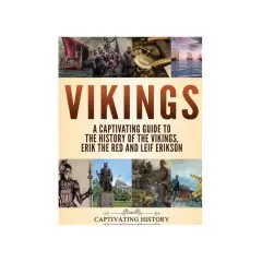 Okładka książki "Vikings" z ilustracjami przedstawiającymi statki, wojowników i artefakty. To fascynujące książki o wikingach.
