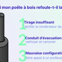 Illustration d'un poêle à bois avec des conseils pour résoudre les problèmes de tirage insuffisant, de conduit bouché ou de mauvaise configuration.