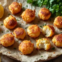 Douze accras de morue antillais dorés et croustillants, parsemés de persil frais, avec des quartiers de citron jaune.