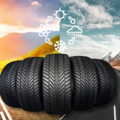 Neumáticos para todas las estaciones. El sol brilla en un lado, la nieve cae en el otro. Diferentes clases de neumáticos para cada clima.