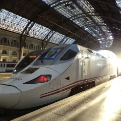 Nowoczesny pociąg Renfe na dworcu, gotowy do podróży z imponującą **tgv prędkość**. Słońce przebija się przez szklany dach.
