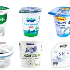 Kilka opakowań jogurtu naturalnego, idealnego na noc: Activia, Krasnystaw, Jana, Piątnica Skry, Bakoma Jogurt Bio, FruVita Skry.