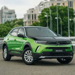 Zielony Opel Mokka na moście, z widocznymi felgami i oponami. Idealny rozmiar opon dla tego miejskiego SUV-a.