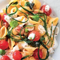Conchiglie con pomodorini, basilico e una cremosa stracciatella. Un piatto fresco e invitante.
