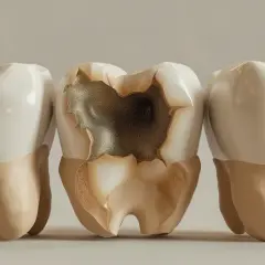 Tre denti, due con carie profonde e uno sano. Quanto tempo ci vuole per curare una carie? Dipende dalla gravità.