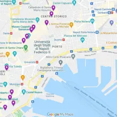A Naples Italy neighborhoods map highlighting key landmarks like the National Archaeological Museum, University of Naples Federico II, and Castel Nuovo.