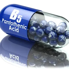 Niebieska kapsułka z napisem "B5 Pantothenic Acid" zawiera małe kuleczki z tym samym oznaczeniem. Witamina B5 w pigułce.