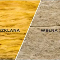 Dwie rodzaje wełny: żółta wełna szklana i beżowa wełna skalna, porównanie materiałów izolacyjnych.