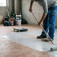 Uomo stende vernice grigia con rullo, passo fondamentale per come pavimentare un garage.