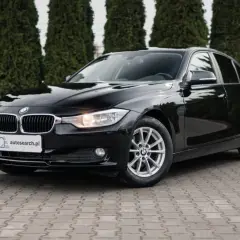 Eleganckie, czarne BMW 318d stoi przed żywopłotem.