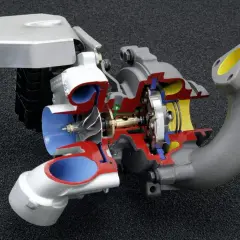 Przekrój turbosprężarki, ukazujący wirnik i turbinę. Mechanizm ten może powodować tzw. turbo lag, czyli opóźnienie reakcji silnika.