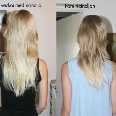 Före och efterbilder på blont hår. Till vänster, efter 3 veckor med ricinolja, ser håret fylligare ut. Till höger, före behandlingen.