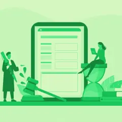 Un juez y una mujer revisan un documento digital. Un documento firmado tiene validez legal, como lo demuestran el mazo y los libros de derecho.