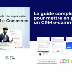 Guide complet pour mettre en place un CRM e-commerce. Illustration d'un homme d'affaires consultant une interface de programme CRM.