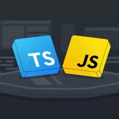 Deux blocs, un bleu "TS" et un jaune "JS", symbolisent les langages de programmation. Un commentaire typescript pourrait expliquer leur relation.