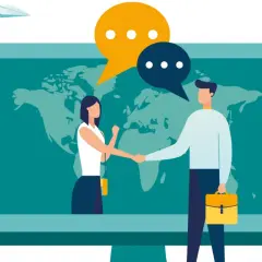 Illustration d'une mise en relation professionnelle réussie, avec deux personnes se serrant la main devant une carte du monde.