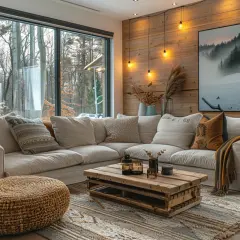 Przytulny salon w stylu modern farmhouse z wygodną sofą, drewnianym stolikiem i widokiem na zimowy las.