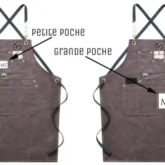 Tablier restaurant personnalisé en toile grise, avec poches et logo MT. Idéal pour un look professionnel et pratique.