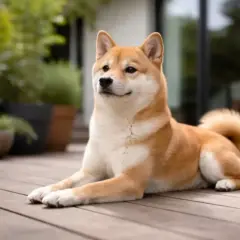 Shiba Inu leżący na drewnianym tarasie, z tyłu rośliny w donicach.
