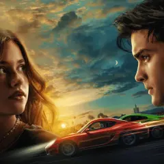 Para młodych patrzy na siebie, podczas gdy czerwony i zielony samochód pędzą w tle. Plakat filmu "Moja wina".