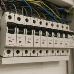 Rozważając, jakie bezpieczniki do domu b czy c, widzimy rząd wyłączników nadprądowych w rozdzielnicy elektrycznej.