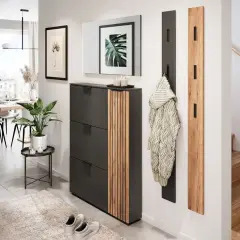 Schmaler Flur Ideen: Schuhschrank, Garderobe, Spiegel und Pflanze schaffen Ordnung und Stil. Treppe rechts.