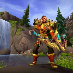 Łuczniczka w złotej zbroi, gotowa do walki w malowniczej krainie, jak ze **starych gier mmorpg**.