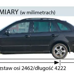 Czarna Skoda Fabia kombi. Wymiary: rozstaw osi 2462 mm, długość 4222 mm, wysokość 1452 mm.