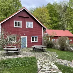 Stocklycke vandrarhem, röda trähus med vita knutar och fönster, omgivna av grönskande skog. Picknickbord och stenlagd uteplats inbjuder till avkoppling.