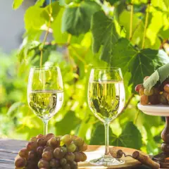 Deux verres de vin blanc frais, des grappes de raisins et un tire-bouchon sur une table en bois, parfait pour une visite à Saint-Émilion.