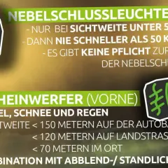Informationen zu Nebelscheinwerfer und Nebelschlussleuchte. Nebelscheinwerfer sind bei schlechter Sicht Pflicht, wenn die Sichtweite unter 150 Meter fällt.