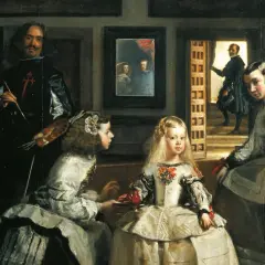 Las Meninas: malarz Velázquez maluje infantkę Małgorzatę Teresę i jej świtę. W lustrze odbijają się królewscy rodzice.