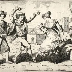 Giovani napoletani danzano con castagnette e tamburello, un'immagine che evoca i detti napoletani e la vivacità della cultura locale.