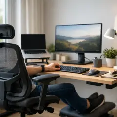 Gemütlicher homeoffice platz mit ergonomischem Stuhl, Laptop, Monitor und Schreibtischlampe.