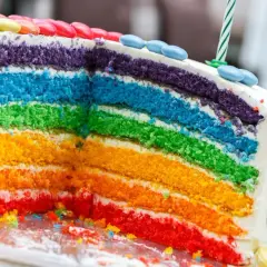 Kolorowy tort tęczowy z warstwami ciasta w odcieniach czerwieni, pomarańczu, żółci, zieleni, błękitu i fioletu, ozdobiony cukierkami.