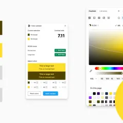 A color contrast checker shows a lemon yellow rectangle and a darker shade of yellow, with a contrast ratio of 7.11.