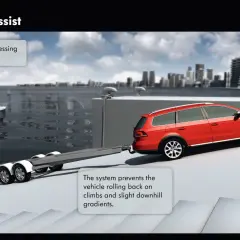 Un'auto rossa con rimorchio è ferma su una rampa. Il sistema hill holder cos'è? Impedisce all'auto di arretrare in salita.